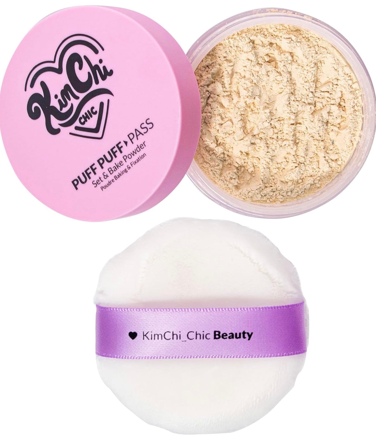 KimChi Chic Puff Puff Pass Set & Bake Powder with Rice Powder & Vitamin-E, Lightweight & Translucent Makeup, Cosmetic Setting Powder