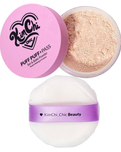 KimChi Chic Puff Puff Pass Set & Bake Powder with Rice Powder & Vitamin-E, Lightweight & Translucent Makeup, Cosmetic Setting Powder