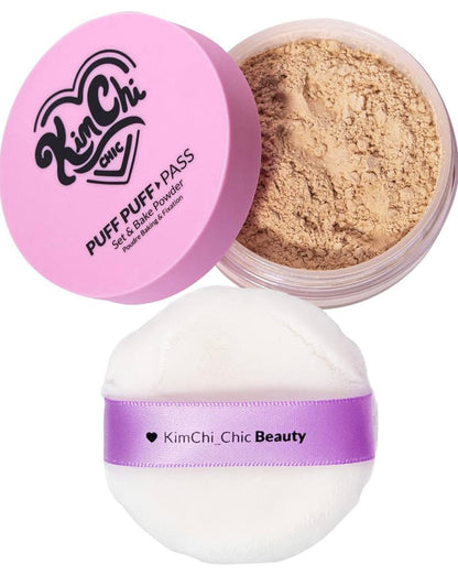 KimChi Chic Puff Puff Pass Set & Bake Powder with Rice Powder & Vitamin-E, Lightweight & Translucent Makeup, Cosmetic Setting Powder