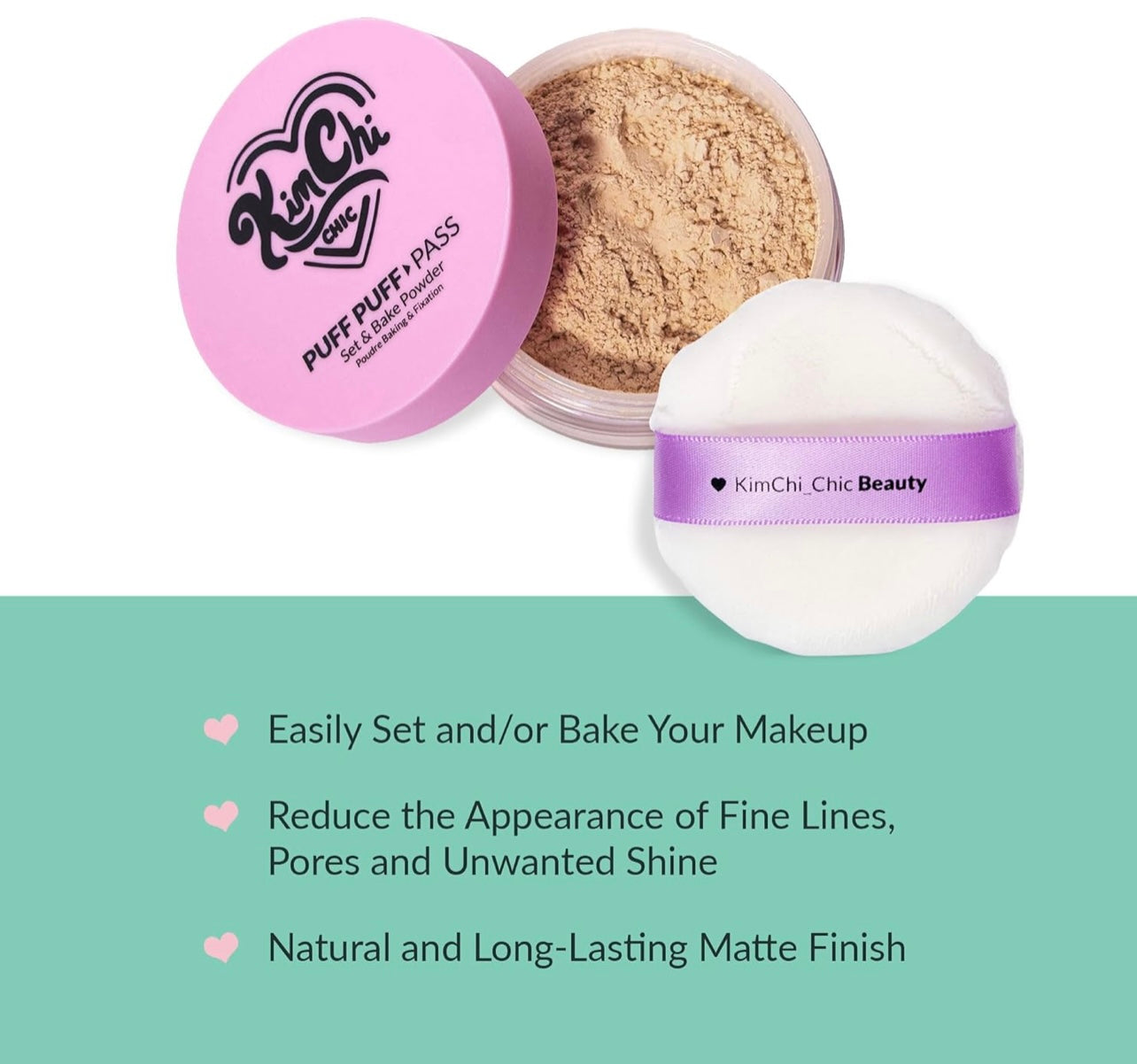 KimChi Chic Puff Puff Pass Set & Bake Powder with Rice Powder & Vitamin-E, Lightweight & Translucent Makeup, Cosmetic Setting Powder